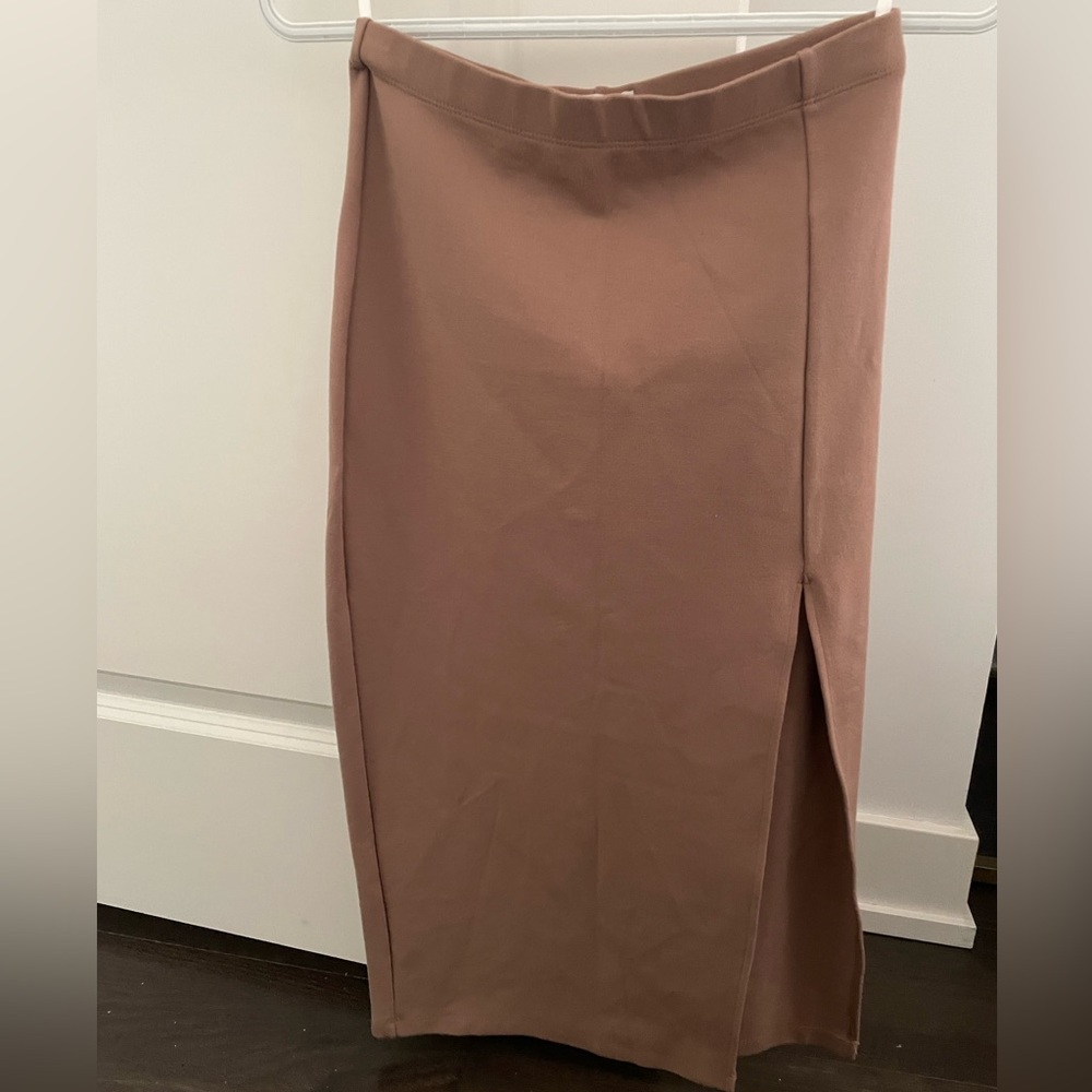 Babaton Aritzia Tan Ponte Knit Stretch Date Slit Bodycon Pencil Skirt